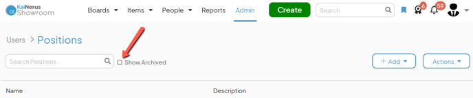 The Positions admin page with an arrow pointing to the Show Archived checkbox