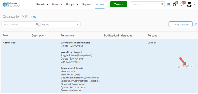 The Roles admin page with an arrow pointing to a Roles edit button