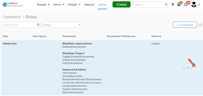 The Roles admin page with an arrow pointing to a Roles x button