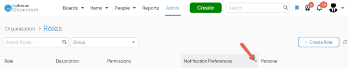The Roles admin page with an arrow pointing to a column headers caret icon