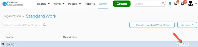 The Standard Work admin page with an arrow pointing to a Standard Work Groups pencil icon