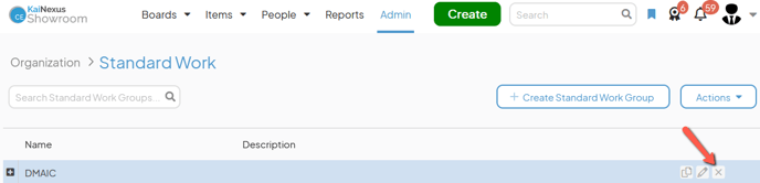 The Standard Work admin page with an arrow pointing to a Standard Work Groups x icon