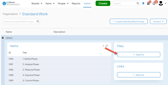 The Standard Work admin page with an arrow pointing to the Add File