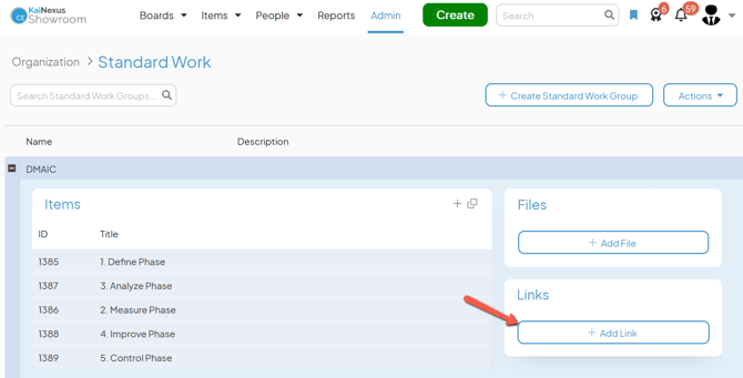 The Standard Work admin page with an arrow pointing to the Add Link