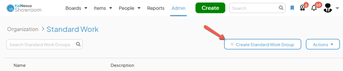 The Standard Work admin page with an arrow pointing to the Create Standard Work Group button
