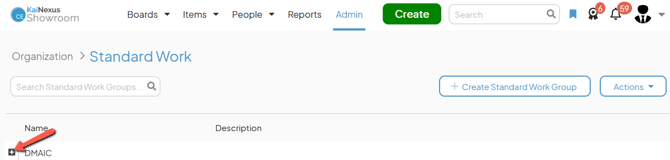 The Standard Work admin page with an arrow pointing to the plus icon next to a Standard Work Group