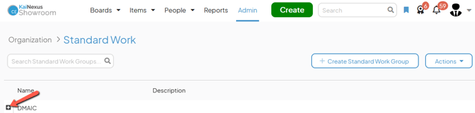 The Standard Work admin page with an arrow pointing to the plus icon next to a Standard Work Group