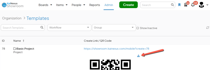 The Templates admin page with an arrow pointing to the download button next to the QR code