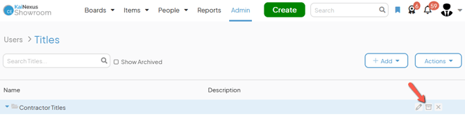 The Titles admin page with an arrow pointing to a Title Folders archive button