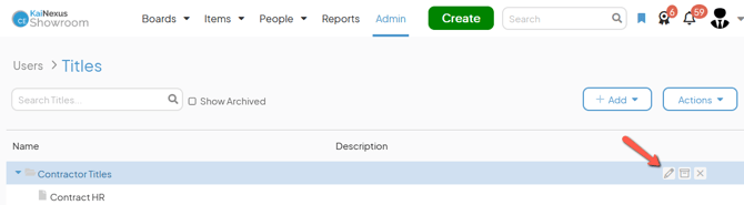 The Titles admin page with an arrow pointing to a Title Folders edit button