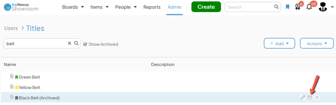 The Titles admin page with an arrow pointing to a Titles unarchive button
