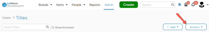 The Titles admin page with an arrow pointing to the Actions button
