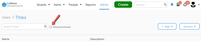 The Titles admin page with an arrow pointing to the Show Archived checkbox