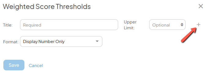 The Weighted Score Thresholds window with an arrow pointing to the Add Rule plus icon