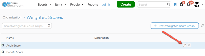 The Weighted Scores admin page with an arrow pointing to a Weighted Score Groups edit button