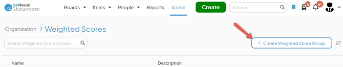 The Weighted Scores admin page with an arrow pointing to the Create Weighted Score Group button