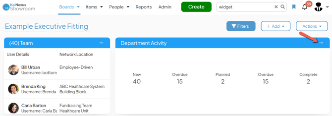 A Board with an arrow pointing to a Widget Cards ellipsis