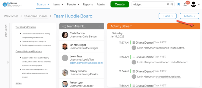 A Board with an arrow pointing to an Activity Feed Cards ellipsis
