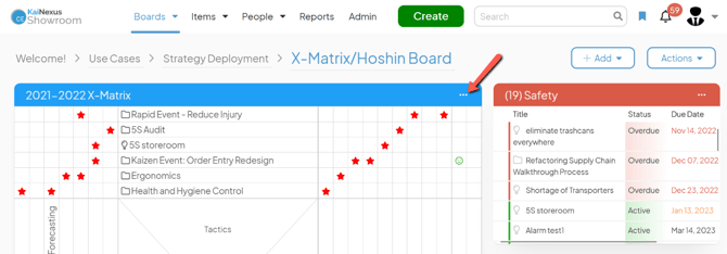 A Board with an arrow pointing to an X-Matrix Cards ellipsis