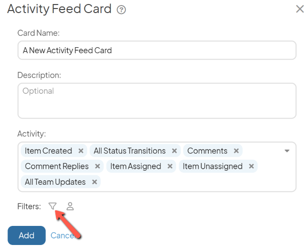 The Activity Feed Card window with an arrow pointing to the filter icon