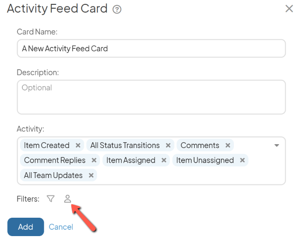 The Activity Feed Card window with an arrow pointing to the user filter icon