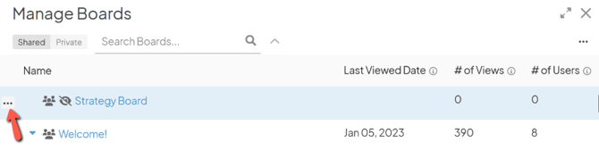 The Manage Boards window with an arrow pointing to the ellipsis icon next to a Board