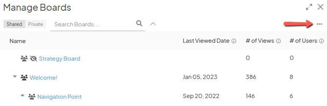 The Manage Boards window with an arrow pointing to the ellipsis icon