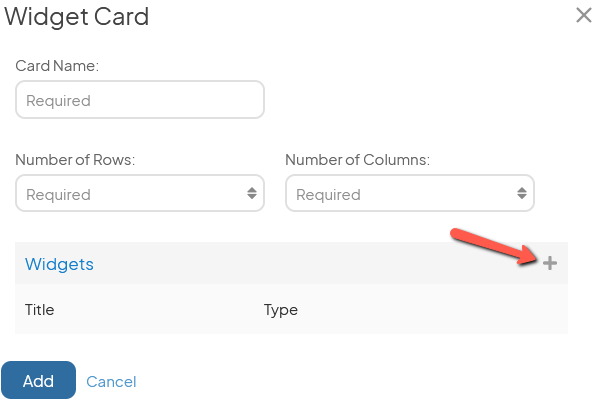 The Widget Card window with an arrow pointing to the plus icon