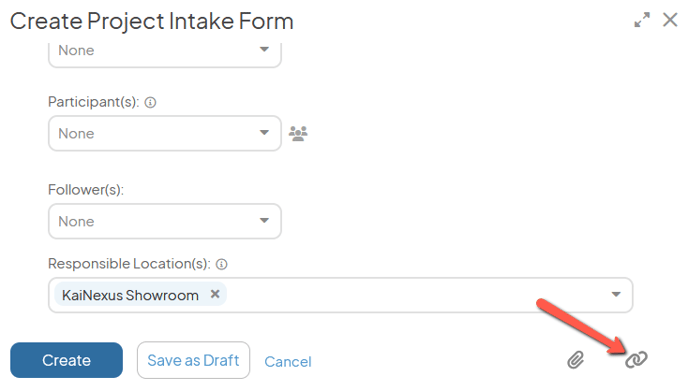 A Create screen with an arrow pointing to the link icon