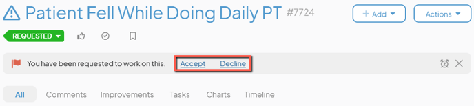 An Item work panel with Accept and Decline marked in red on the Requested flag