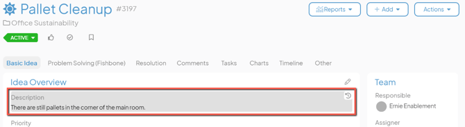An Item work panel with a field marked in red to show where to click to use inline editing