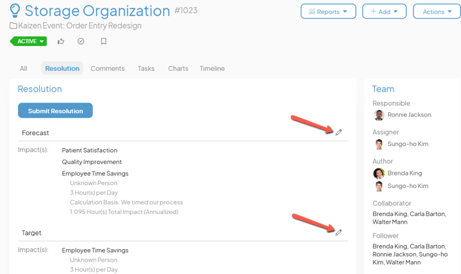 An Item work panel with an arrow pointing to  the Edit Target and Edit Forecast buttons
