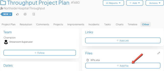 An Item work panel with an arrow pointing to the Add File button