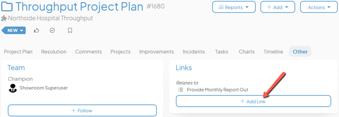 An Item work panel with an arrow pointing to the Add Link button