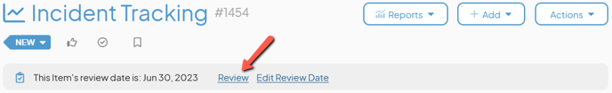 An Item work panel with an arrow pointing to the Review flags review button