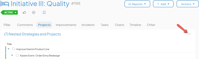 An Item work panel with an arrow pointing to the ellipsis icon on the Nested Items List panel