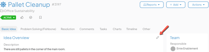 An Item work panel with an arrow pointing to the pencil icon on a Details panel