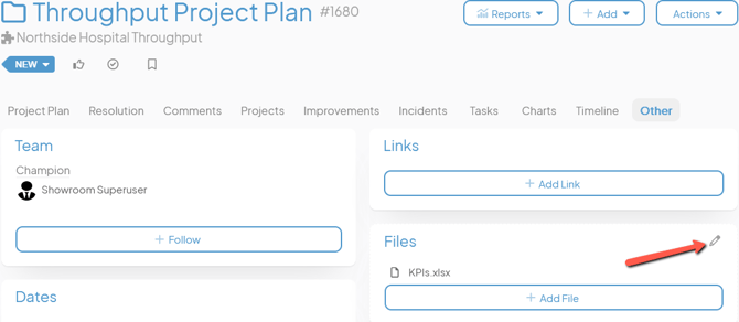 An Item work panel with an arrow pointing to the pencil icon on the Files panel