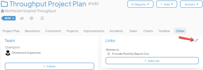 An Item work panel with an arrow pointing to the pencil icon on the Links panel
