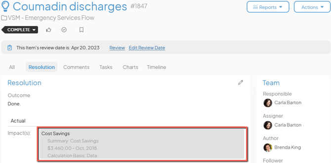 An Item work panel with an editable quantitative impact outlined