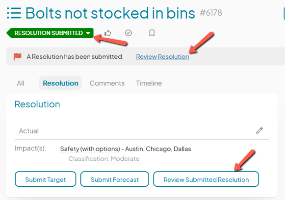 An Item work panel with arrows pointing to the status indicator and the Review Resolution buttons
