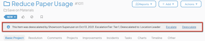 An Item work panel with the Escalation Flag marked in red