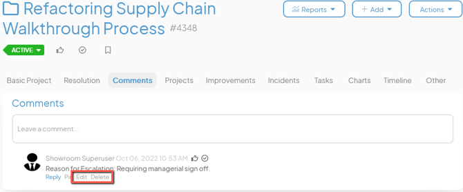 An Item work panel with the edit and delete comment buttons marked