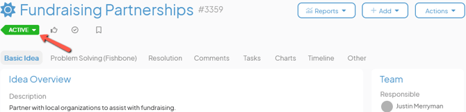 An active Item work panel with an arrow pointing to the status indicator