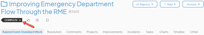 An completed Item work panel with an arrow pointing to the status indicator