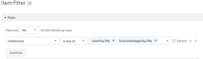 An Item List filter window showing how to filter by liked by me and acknowledged by me