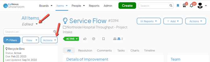An Item List with an arrow pointing to Edited and Actions