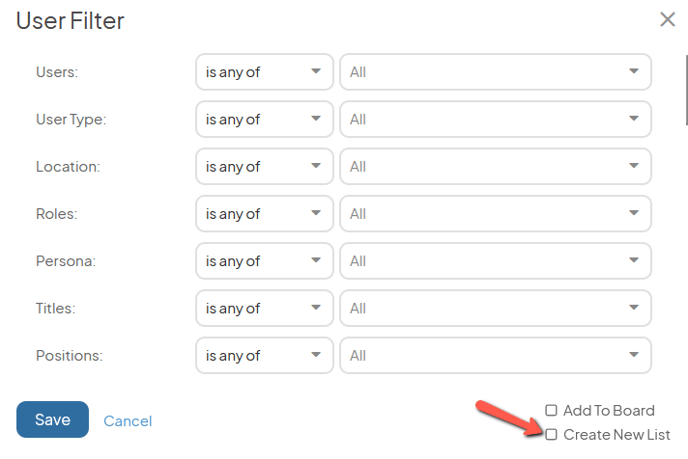 The User Filter with an arrow pointing to the Create New List checkbox