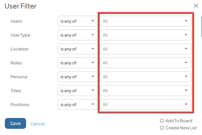 The User Filter with the condition fields marked in red