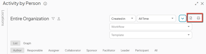 The Activity by Person Report with the printer icon and spreadsheet icon marked